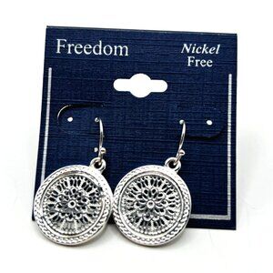 Freedom Nickel Free Silver Filigree Round Dangle Earrings Hypoallergenic New